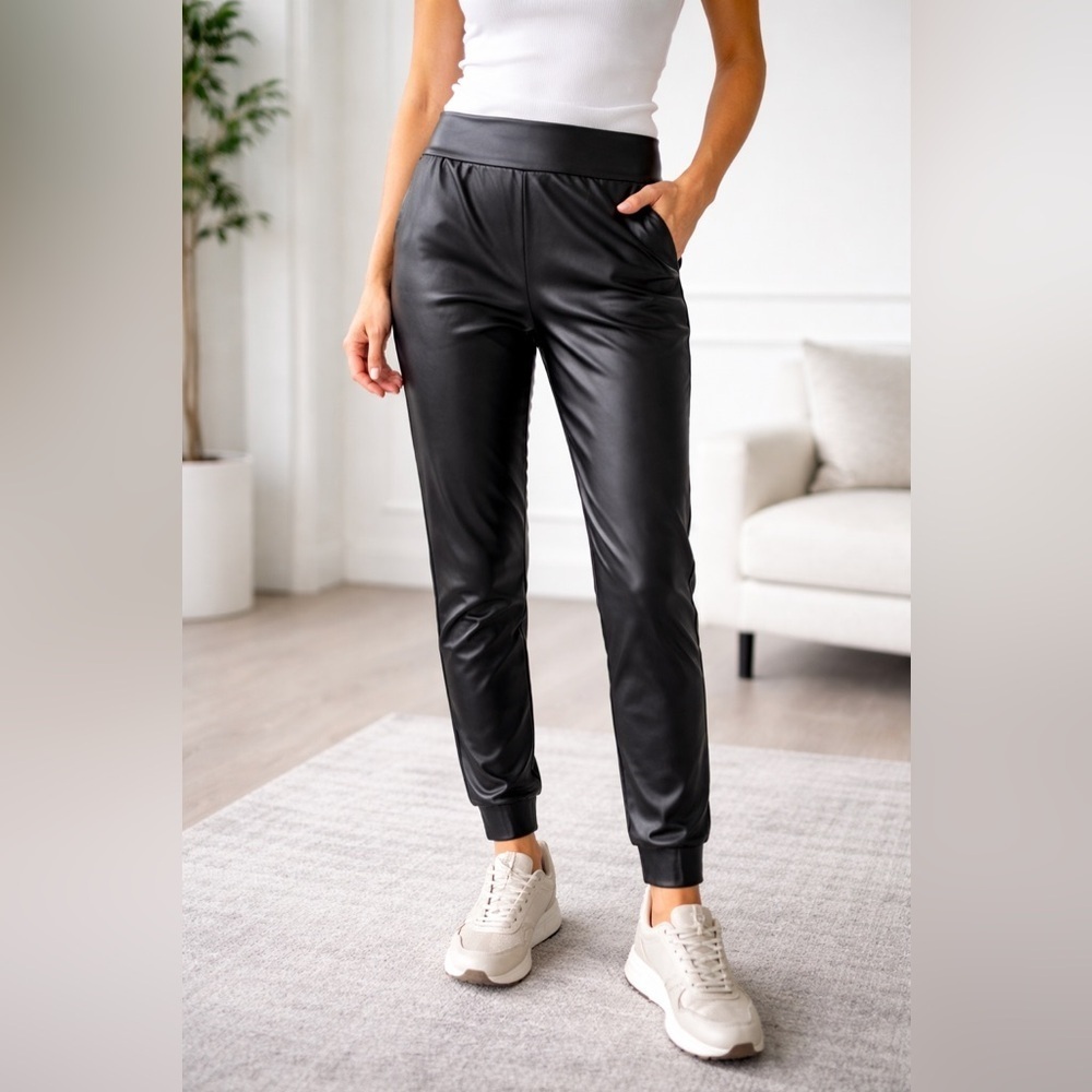Commando Womens Faux Leather Jogger Sz L Black Vegan Athleisure Pant Minimalist